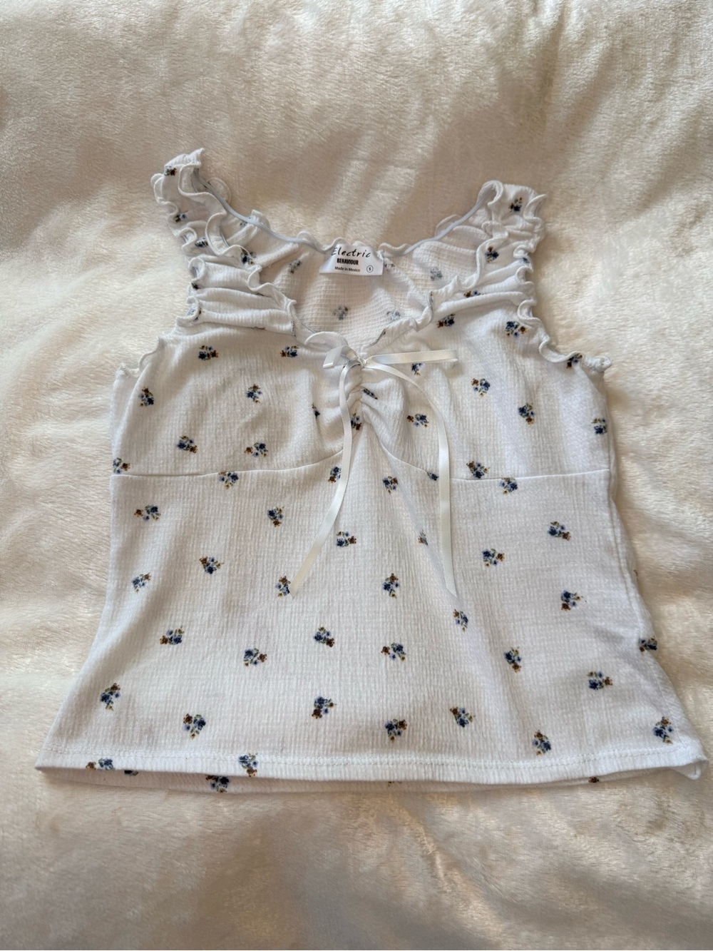 Electric Family White Floral Ruffle Tie-Front Tank Top